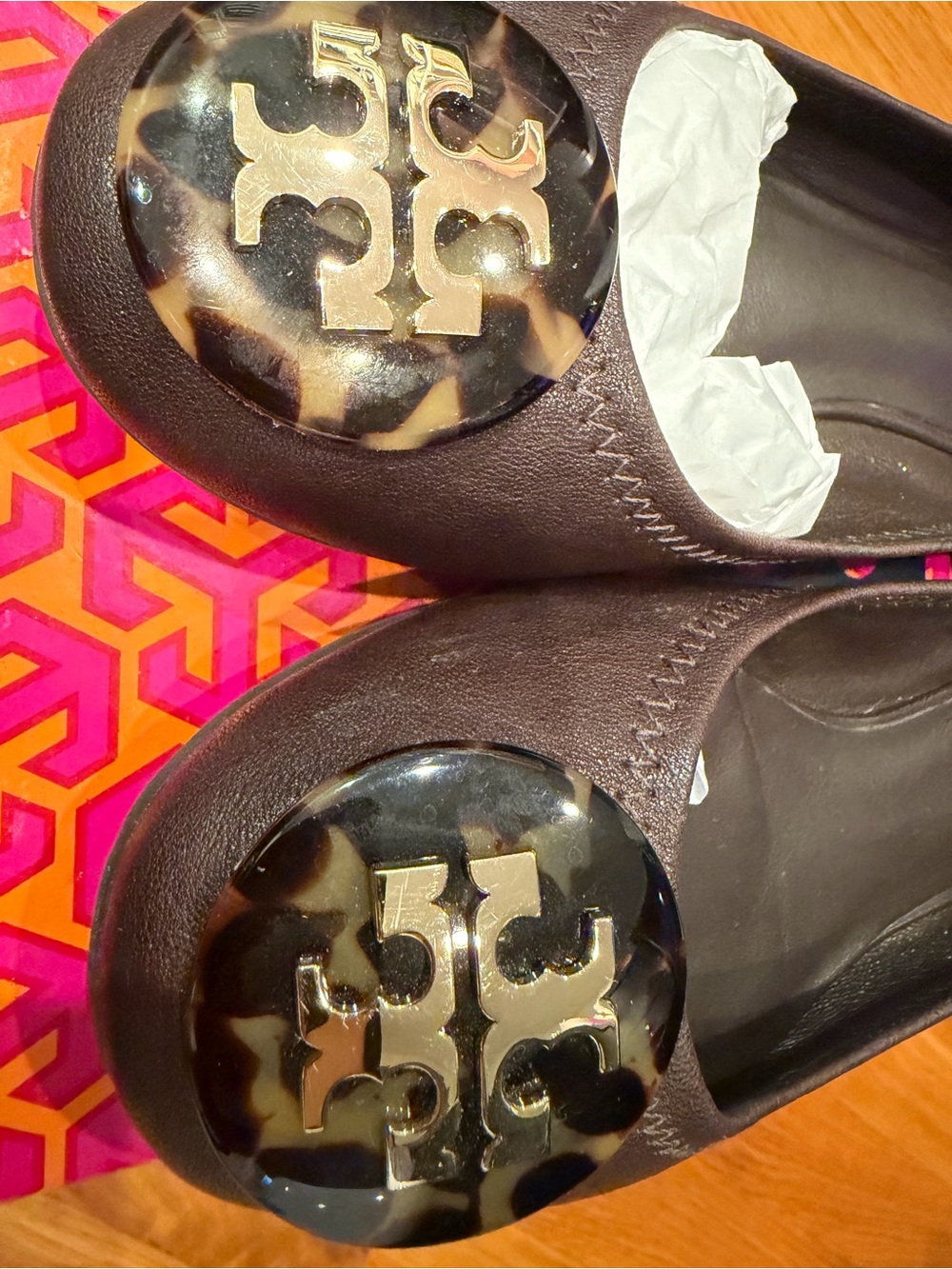 Tory Burch Dark Brown Reva Flats with Tortoiseshell Logo - Picture 3 of 9